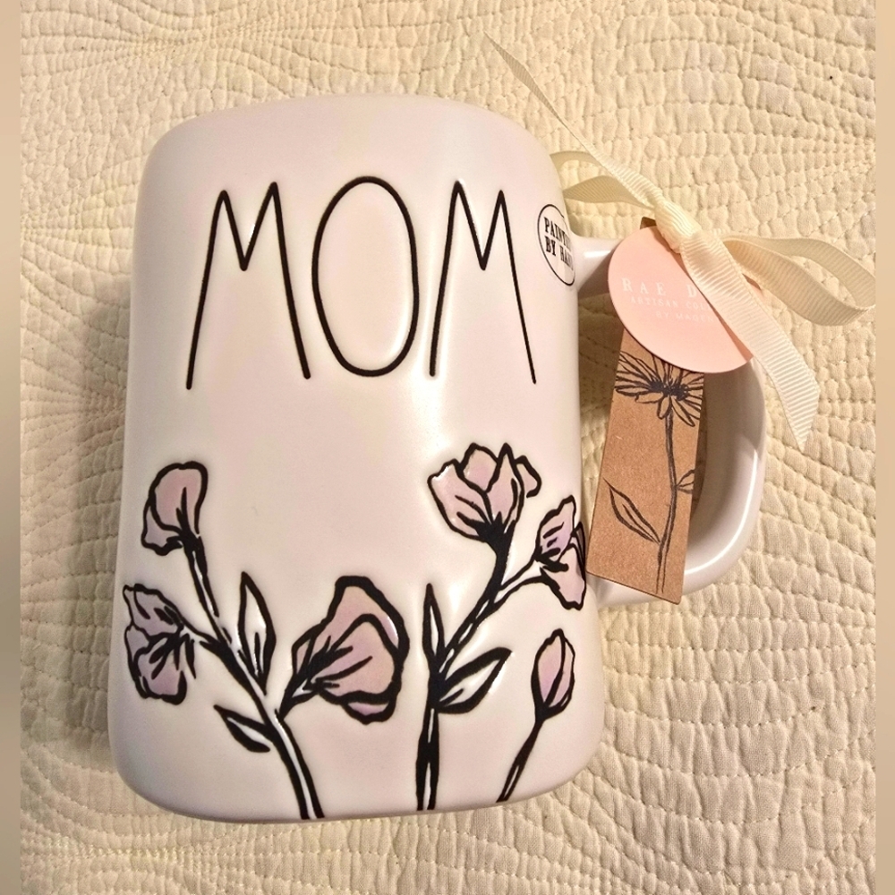 NWT Rae Dunn "MOM" Handpainted Floral Ceramic Mug, 18 Oz